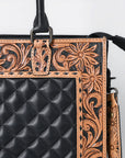 American Darling Genuine Leather Hand-Tooled Floral Quilted Tote Bag Shoulder Purse with YKK Zipper - 12in X 16in