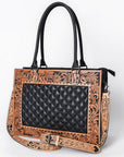 American Darling Genuine Leather Hand-Tooled Floral Quilted Tote Bag Shoulder Purse with YKK Zipper - 12in X 16in