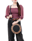 American Darling Black Western Round Canteen Bag Handcrafted from Quilted & Hand-Tooled Genuine Leather | Floral Carved Frame, Buckstitch & YKK Zipper