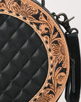 American Darling Black Western Round Canteen Bag Handcrafted from Quilted & Hand-Tooled Genuine Leather | Floral Carved Frame, Buckstitch & YKK Zipper