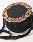 American Darling Black Western Round Canteen Bag Handcrafted from Quilted & Hand-Tooled Genuine Leather | Floral Carved Frame, Buckstitch & YKK Zipper