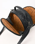 American Darling Black Western Round Canteen Bag Handcrafted from Quilted & Hand-Tooled Genuine Leather | Floral Carved Frame, Buckstitch & YKK Zipper