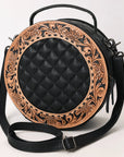 American Darling Black Western Round Canteen Bag Handcrafted from Quilted & Hand-Tooled Genuine Leather | Floral Carved Frame, Buckstitch & YKK Zipper