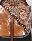 Hilason Western Horse Floral Genuine Hair-On Leather Saddle Bag Black / Brown Heavyduty Traditional Trail Ride
