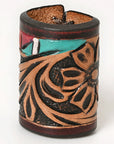 American Darling Western Hand Tooled Carved Genuine Leather Scarf Ring Brown Scarf Clasp Bandana Slide Bandana Cuff