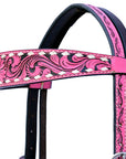 Hilason Horse Floral Hand Carved American Leather Breast Collar Headstall Pink