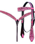Hilason Horse Floral Hand Carved American Leather Breast Collar Headstall Pink