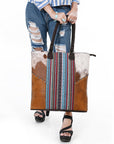 OHLAY Tote Hair On Upcycled Canvas Genuine Leather Women Bag Western Handbag Purse
