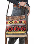 OHLAY Large Crossbody Hand Tooled Upcycled Canvas Genuine Leather Women Bag Western Handbag Purse