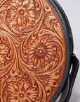 Genuine Leather Floral Tooled Round Crossbody Bag With Vintage Western Detailing