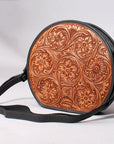 Genuine Leather Floral Tooled Round Crossbody Bag With Vintage Western Detailing