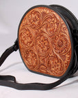 Genuine Leather Floral Tooled Round Crossbody Bag With Vintage Western Detailing