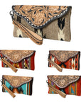 American Darling Wristlet Hand Tooled Upcycled Wool Genuine Leather Women Bag Western Handbag Purse