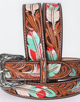 American Darling Floral Hand Carved Painted Belt Buckle Genuine Leather Covered Stylish Brown | Western