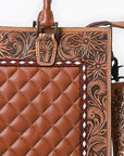 American Darling Genuine Leather Hand-Tooled Floral Quilted Tote Bag Shoulder Purse with YKK Zipper - 12in X 16in