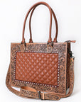 American Darling Genuine Leather Hand-Tooled Floral Quilted Tote Bag Shoulder Purse with YKK Zipper - 12in X 16in