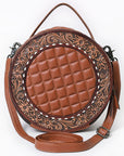 American Darling Black Western Round Canteen Bag Handcrafted from Quilted & Hand-Tooled Genuine Leather | Floral Carved Frame, Buckstitch & YKK Zipper