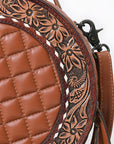 American Darling Black Western Round Canteen Bag Handcrafted from Quilted & Hand-Tooled Genuine Leather | Floral Carved Frame, Buckstitch & YKK Zipper