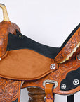 Tan Leather Western Saddle With Floral Hand Carving For Trail Riding