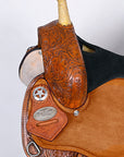 Tan Leather Western Saddle With Floral Hand Carving For Trail Riding
