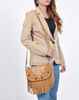 American Darling Genuine Suede Leather Cross body Bag - Fringe, Embroidery & Concho Eco-Friendly Vegetable Tanned Purse