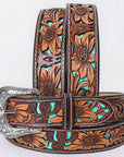 American Darling Floral Hand Carved Painted Belt Buckle Genuine Leather Covered Stylish Brown | Western