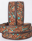 American Darling Floral Hand Carved Painted Belt Buckle Genuine Leather Covered Stylish Brown | Western