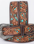 American Darling Floral Hand Carved Painted Belt Buckle Genuine Leather Covered Stylish Brown | Western
