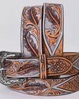 American Darling Floral Hand Carved Painted Belt Buckle Genuine Leather Covered Stylish Brown | Western