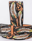 American Darling Floral Hand Carved Painted Belt Buckle Genuine Leather Covered Stylish Brown | Western