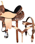 HILASON Western Horse Flex Tree Trail Barrel American Leather Saddle & Handtooled Headstall Breast Collar Set Brown