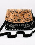 Western Tooled Suede Leather Crossbody Bag Black Tan