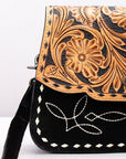 Western Tooled Suede Leather Crossbody Bag Black Tan