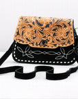 Western Tooled Suede Leather Crossbody Bag Black Tan