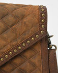 American Darling Vintage Quilted Leather Crossbody Bag for Women – Genuine Leather Studded Shoulder Bag with Adjustable Strap