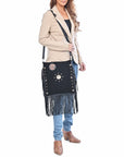 American Darling Large Cross body Bag Western Suede Leather Purse with Fringes Rivets Concho and YKK Zipper for Women