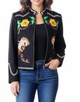Luxuriously Textured Boho Floral Western Jacket With Ornate Horse Motif For Women