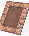 Handcrafted Leather Photo Frame With Floral Carving For Western Tabletop Display 10.5x9Inch