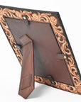 Handcrafted Leather Photo Frame With Floral Carving For Western Tabletop Display 10.5x9Inch