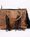 Rustic Western Cowhide Leather Satchel With Fringe