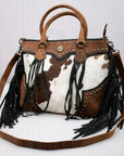 Rustic Western Cowhide Leather Satchel With Fringe