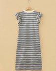 Stripe Ruffle Short Sleeve Contrast Trim Midi Dress