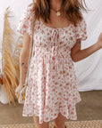 Floral Front Tie Shirred Waist Ruffle Mini Dress