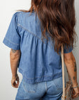 Denim Pleated Half Buttoned Short Sleeve Top