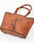 American Darling Western Tote Bag Basket Weave Genuine Full Grain Leather Handcrafted Shoulder Bag with Braided Handles Tassels