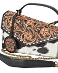 American Darling Messenger Bag Hand Tooled Floral Genuine Leather Western Purse with Hair-On Cowhide and Buck Stitching