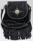American Darling Western Embossed Leather Fringe Crossbody Bag with Studded Strap & Concho Detail