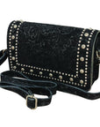 American Darling Western Embossed Leather Studded Crossbody Bag – Floral Tooled Purse with Adjustable Strap