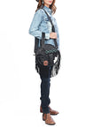 AMERICAN DARLING Tooled Leather Canteen Bag Fringe Turquoise Beading