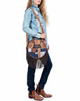 AMERICAN DARLING Tooled Leather Denim Canteen Bag Cowhide Fringe
